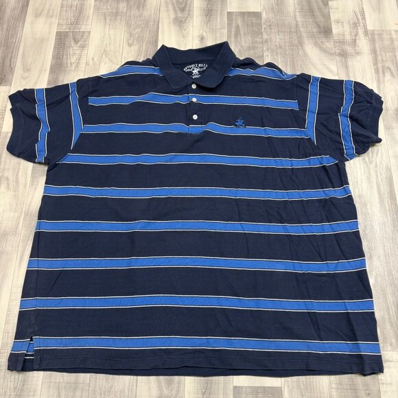 ✅ Mens 2XLT Beverly Hills Polo Club Navy Blue Striped Polo Shirt Short Sleeeve - Picture 1 of 9